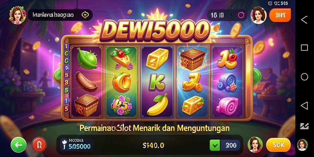 Tampilan gameplay DEWI5000 dengan putaran slot yang seru dan grafik menarik.
