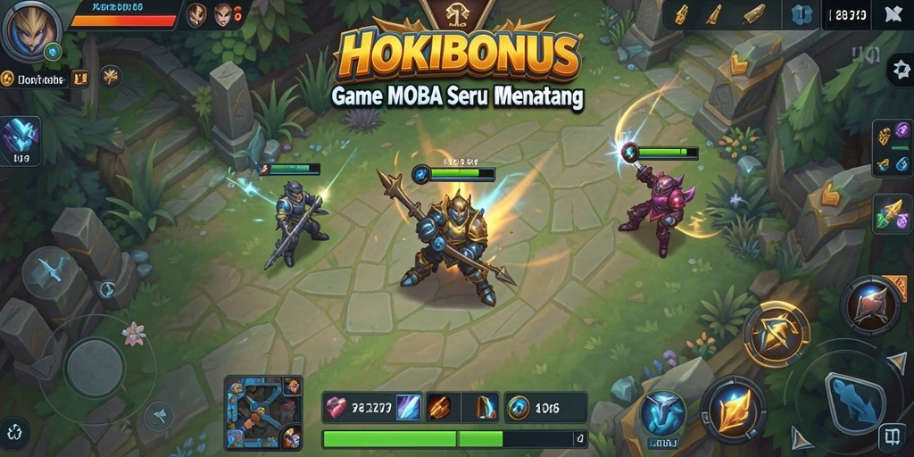 Tangkapan layar utama HOKIBONUS menunjukkan aksi gameplay MOBA yang seru.