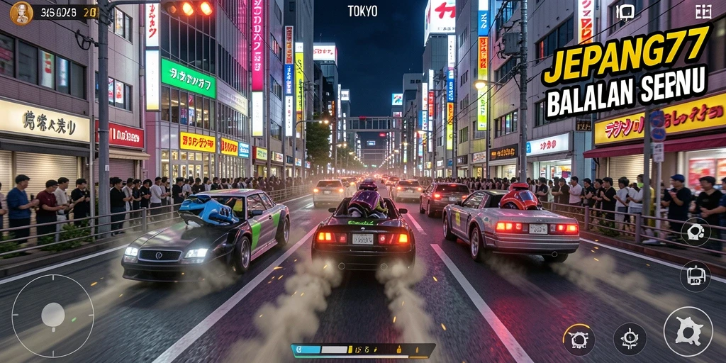 Screenshot gameplay JEPANG77 menampilkan aksi balapan yang mendebarkan.