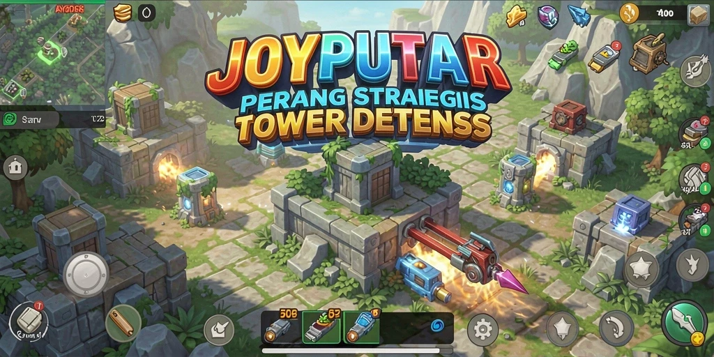 Screenshot gameplay JOYPUTAR menunjukkan pertahanan strategis menara.