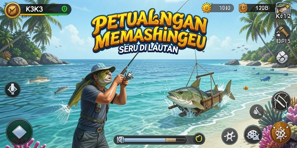 Tampilan gameplay K3K3 yang menakjubkan saat memancing ikan dengan teman.