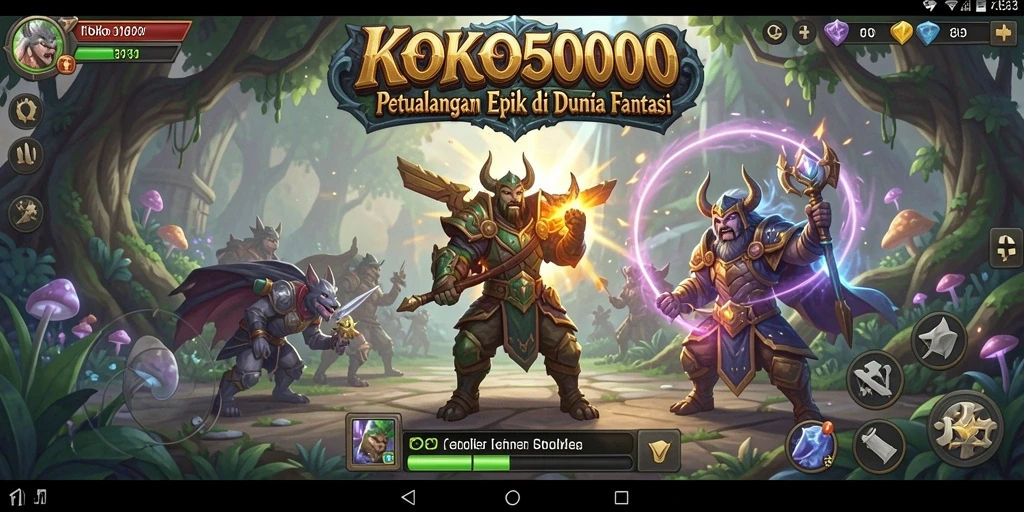 Tangkapan layar gameplay KOKO5000 yang menunjukkan pertarungan seru di dunia fantasi.